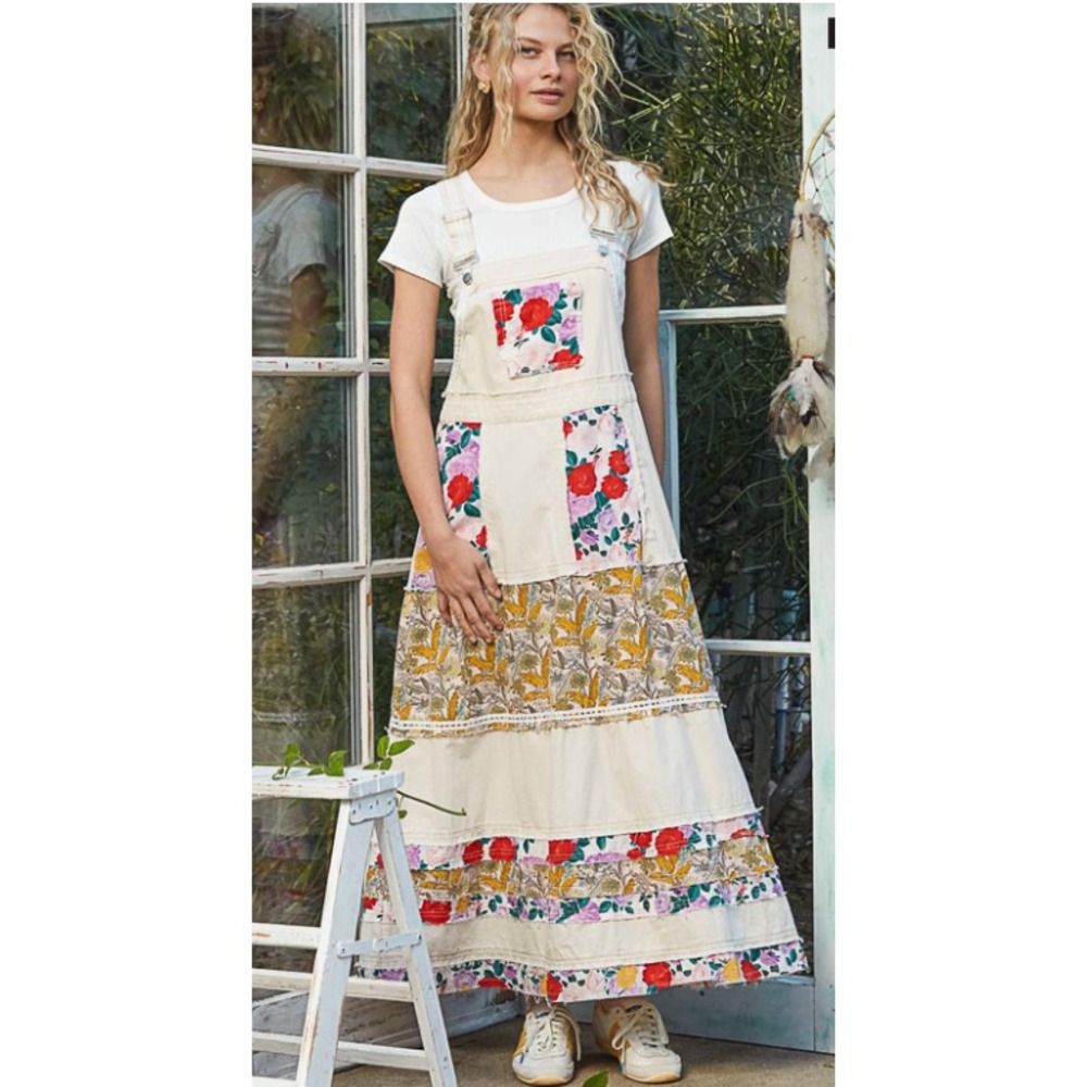 POL Overall Style Mixed Print Patchwork Oatmilk Maxi Dress Size M NEW - Picture 2 of 6